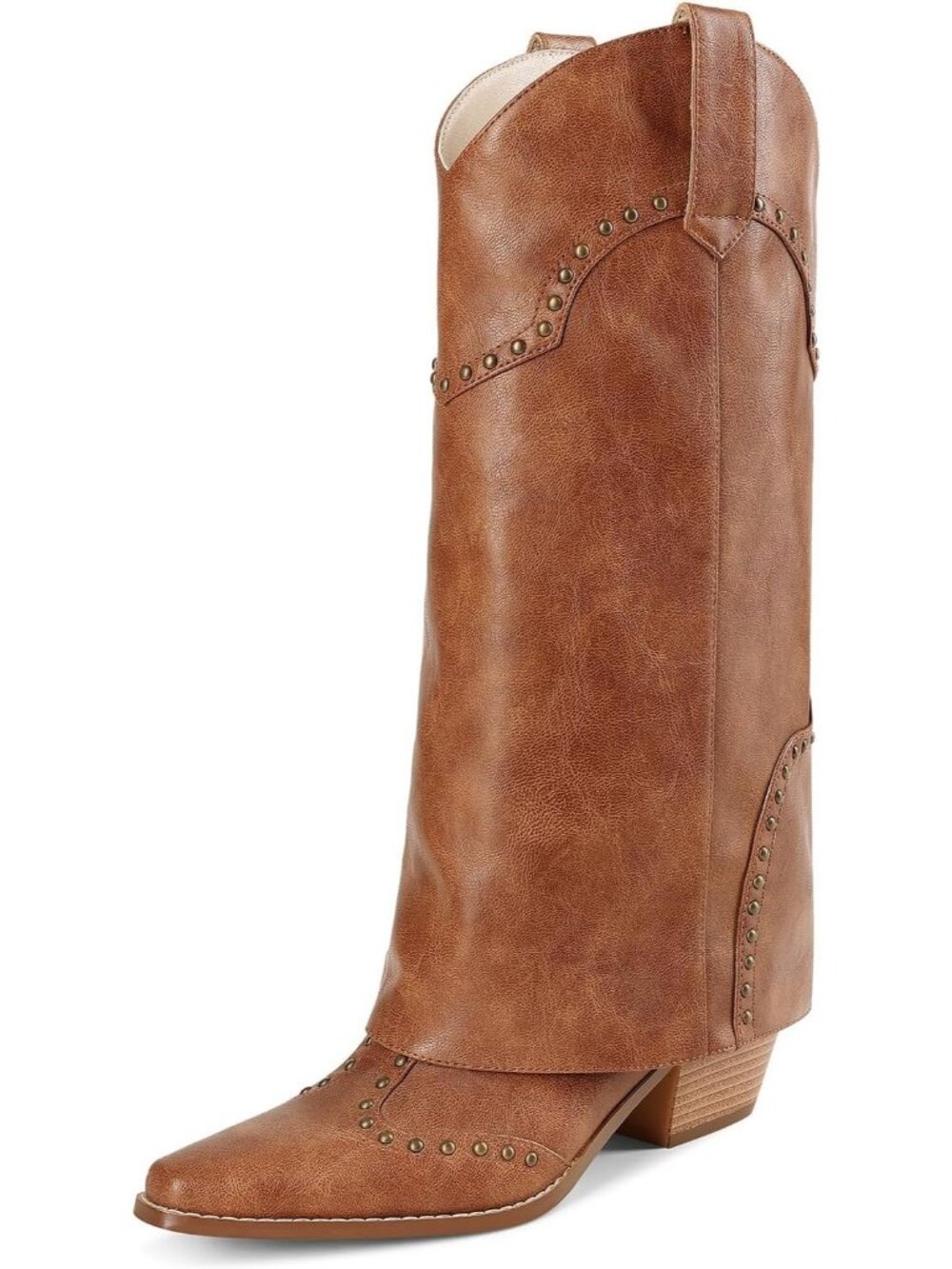 Women's Brown Fold Over Pull On Mid Calf Block Heel Closed Toe Knee High Boots